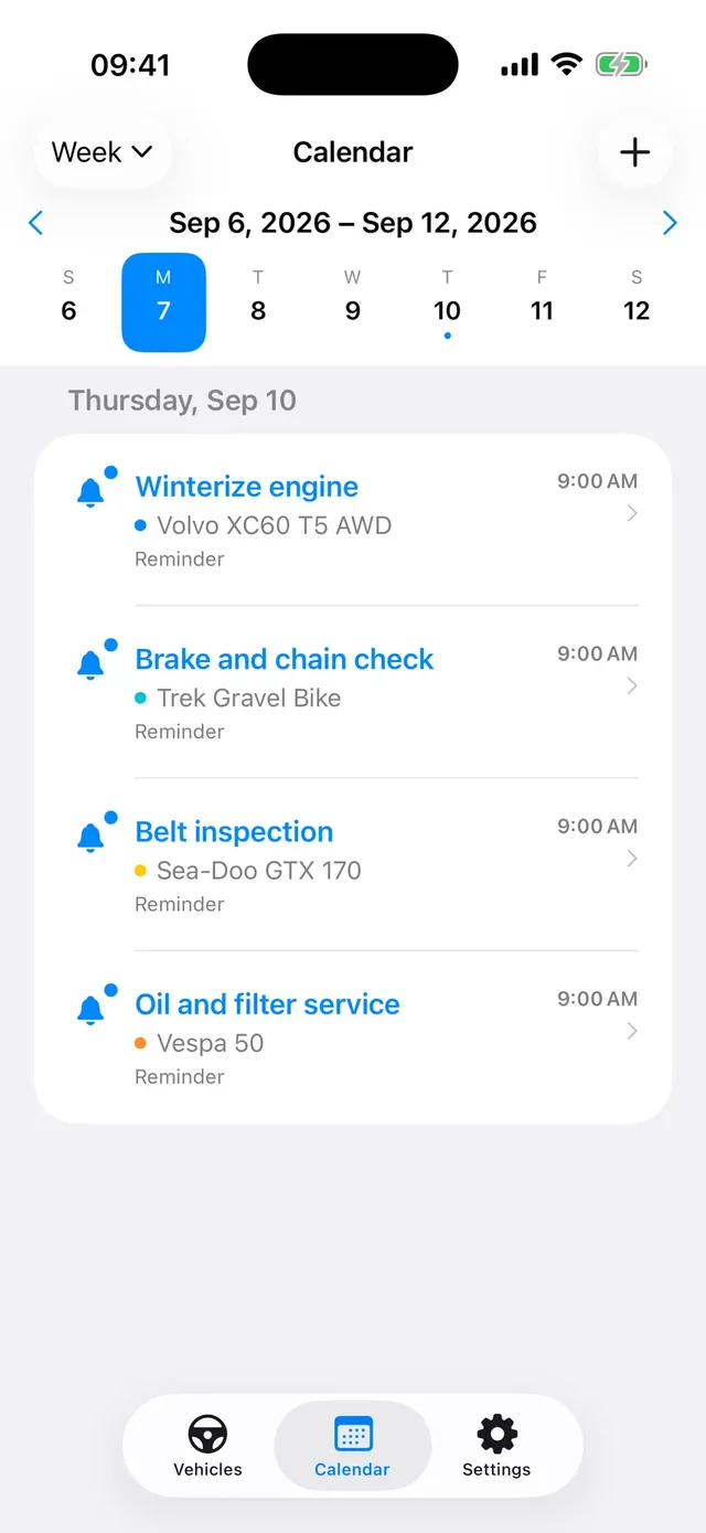 Carage calendar with upcoming maintenance reminders